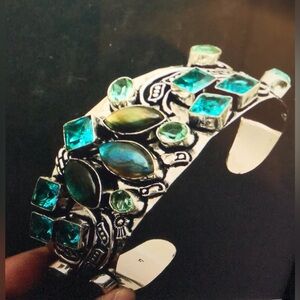 Labradorite Blue Topaz Stamped 925 Sterling Silver Cuff Bracelet